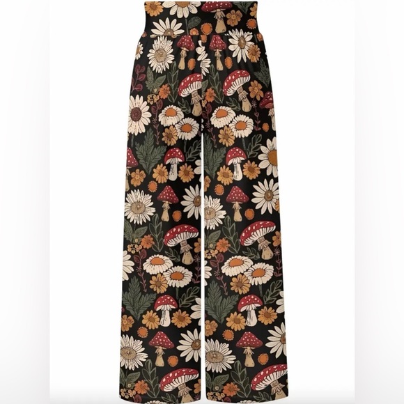 NWT Mushroom Print Wide Leg Pants Cottagecore Boho Festival Nature Size M - Picture 4 of 5